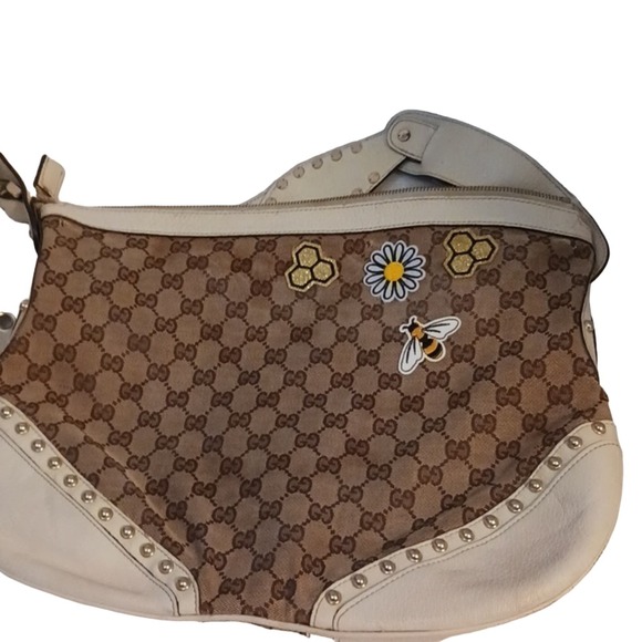 Gucci Tote Bag STUDDED Shoulder Bag RED Green Strap IVORY LEATHER added patch - Picture 10 of 16